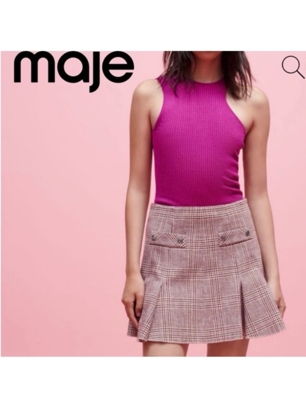 🆕 -MAJE-Jinone Pleated Checked Flared Short Skirt with godets. Size: 36-small